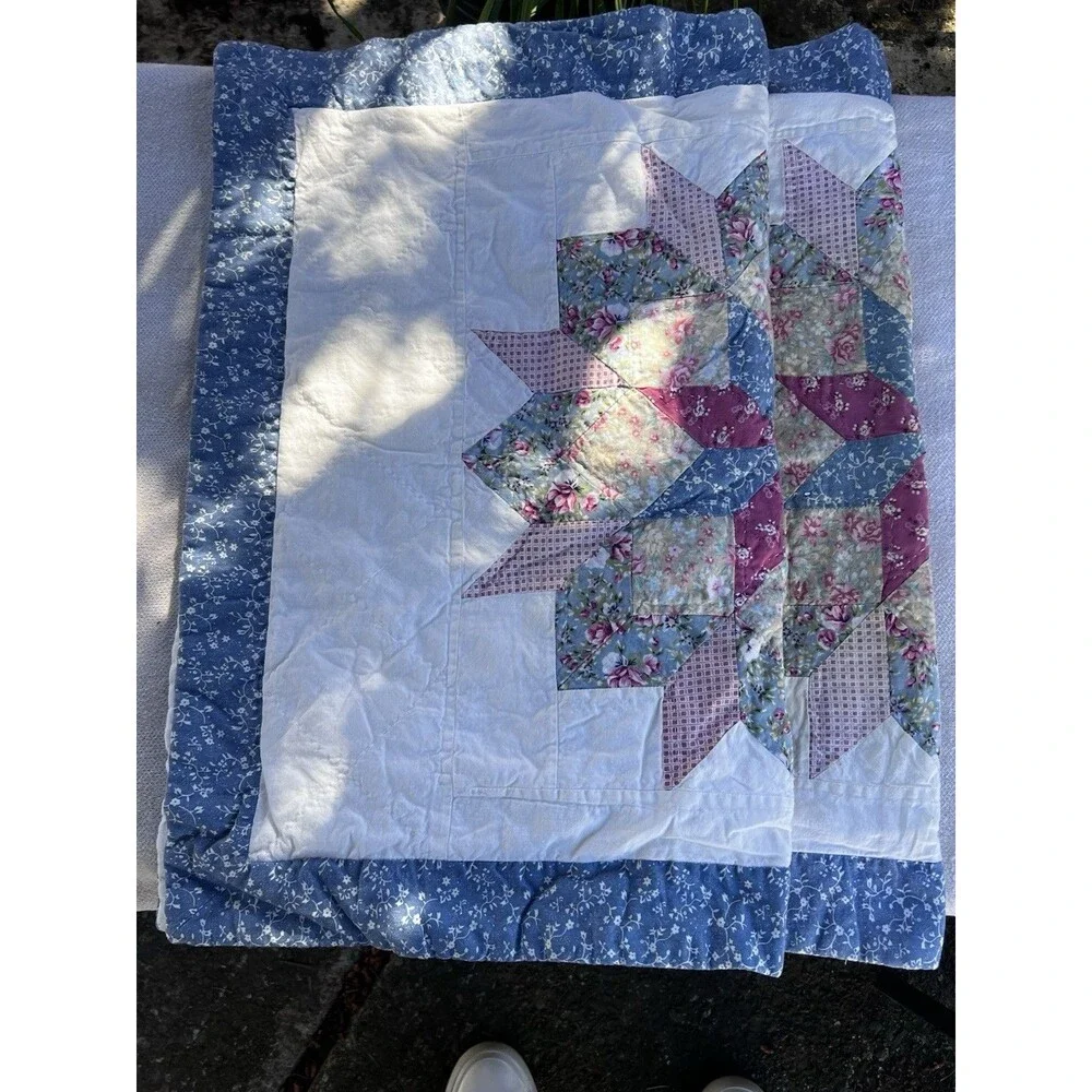 Vintage Cottage Floral Patchwork Quilted Pillow Shams Pair Blue Pink Zip Closure